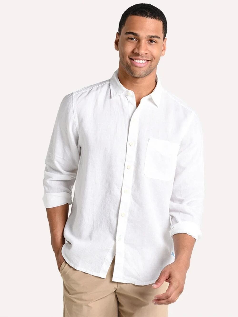 Tommy Bahama Men's Medium White Sea Glass Breezer Long Sleeve Linen Shirt P8-12